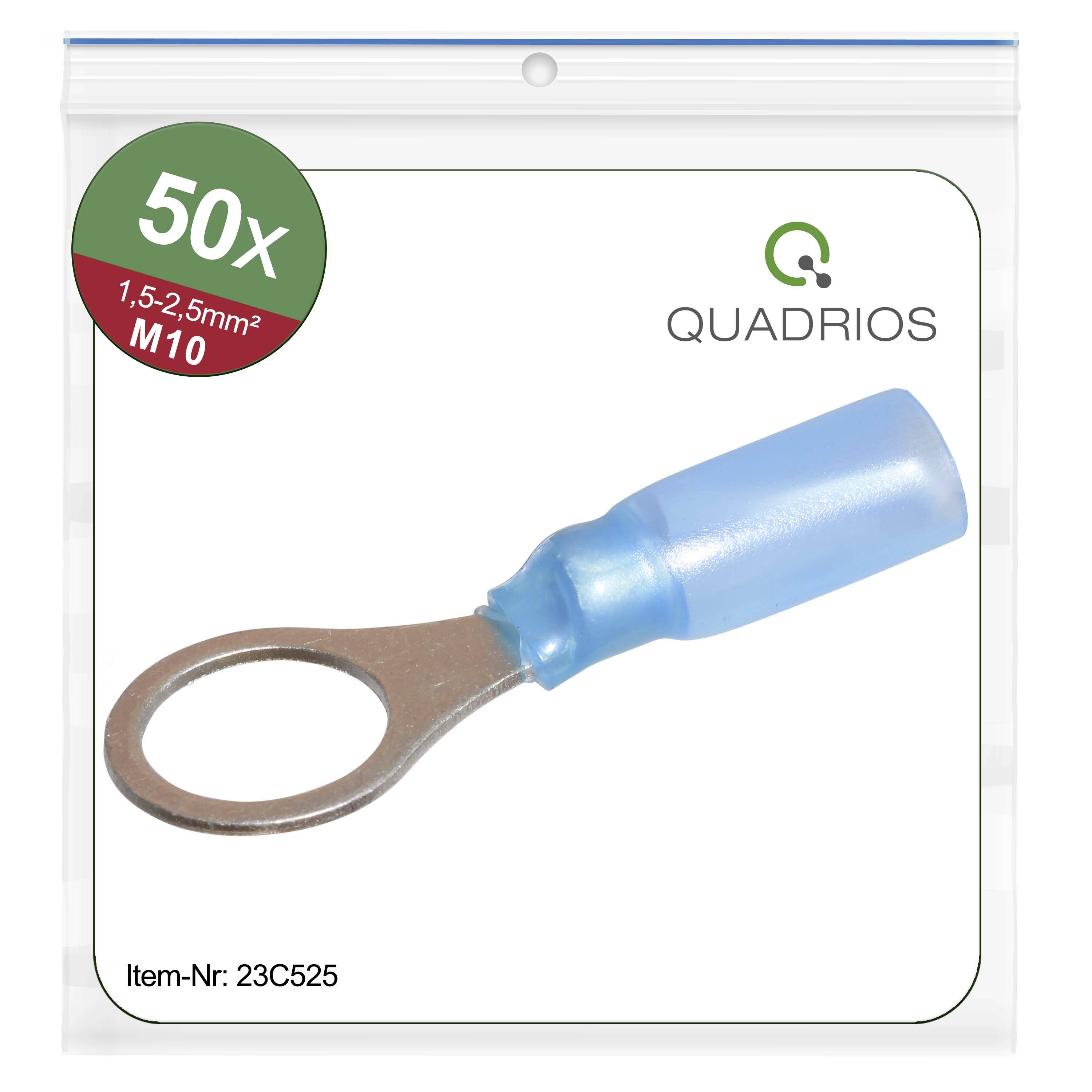 '50x QUADRIOS kabelové oko, velikost M10, pro kabely 1,5-2,5mm². Na obrázku je modré kabelové oko.'