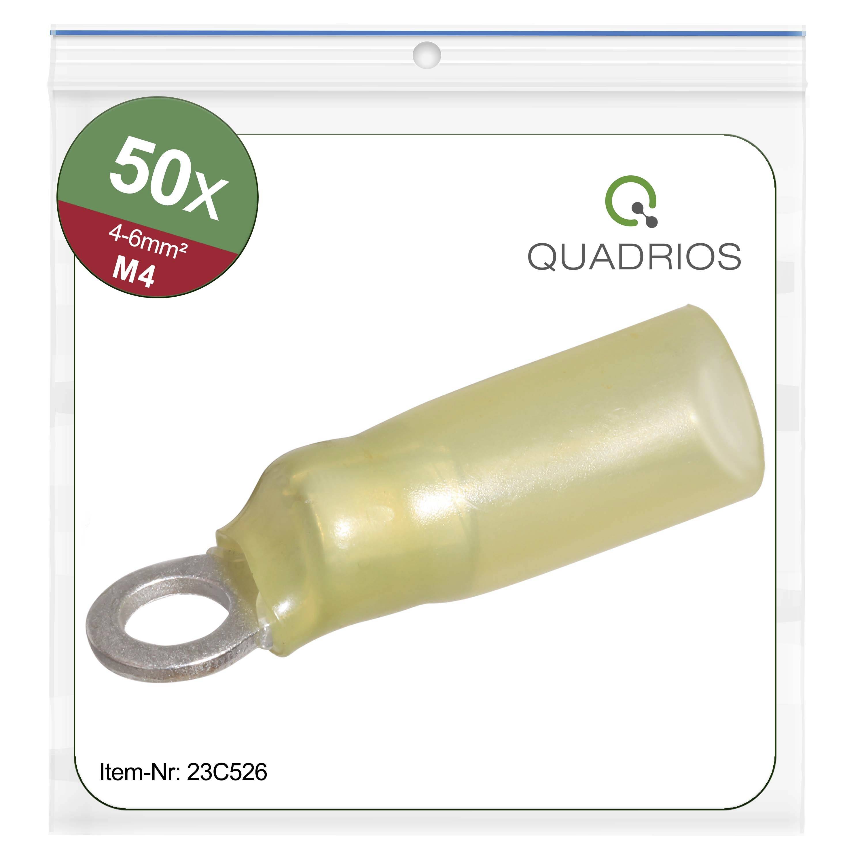 Kabelový očkový klíč zabalený v průhledném obalu od firmy 'QUADRIOS', označený '50X', vhodný pro průřez 4-6mm², s otvorem pro M4 šroub. Katalogové číslo: 23C526.