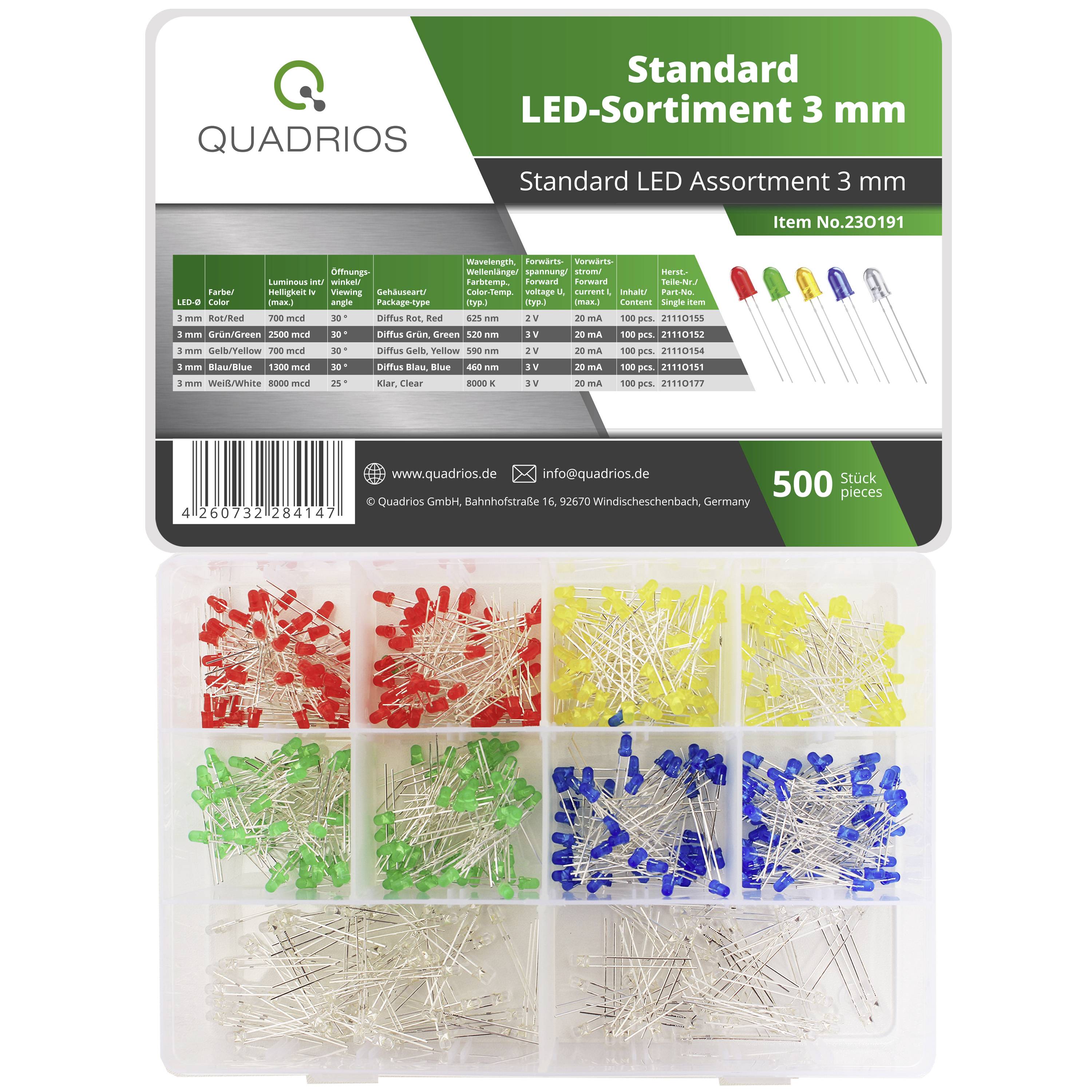 Quadrios 23O191 sada LED červená, zelená, žlutá, modrá, bílá 3 mm 8000 mcd 20 mA 2 V, 3 V-0