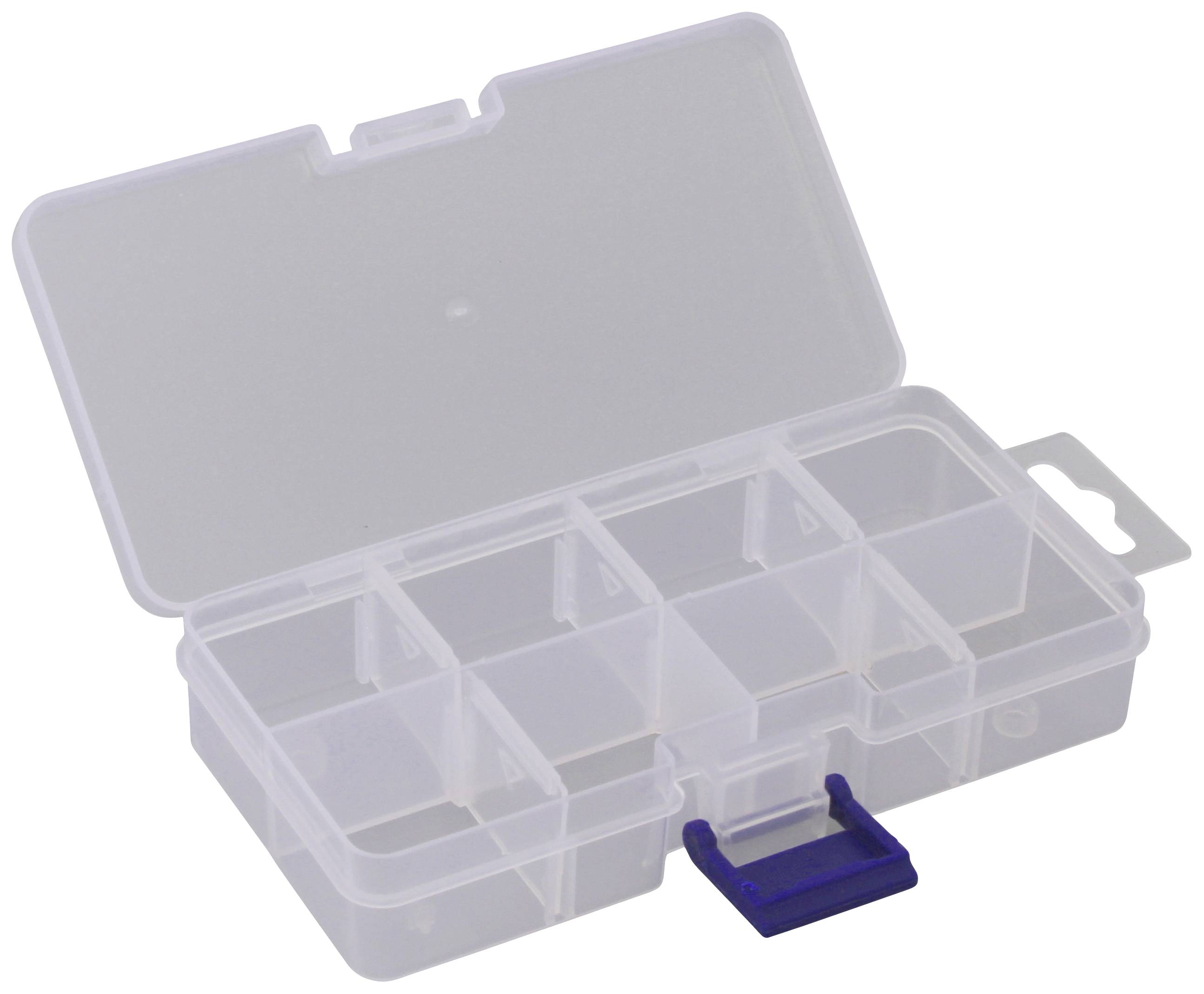 Průhledný, otevřený plastový box s devíti přihrádkami a modrým uzavíracím klipem. Ideální pro ukládání malých předmětů.