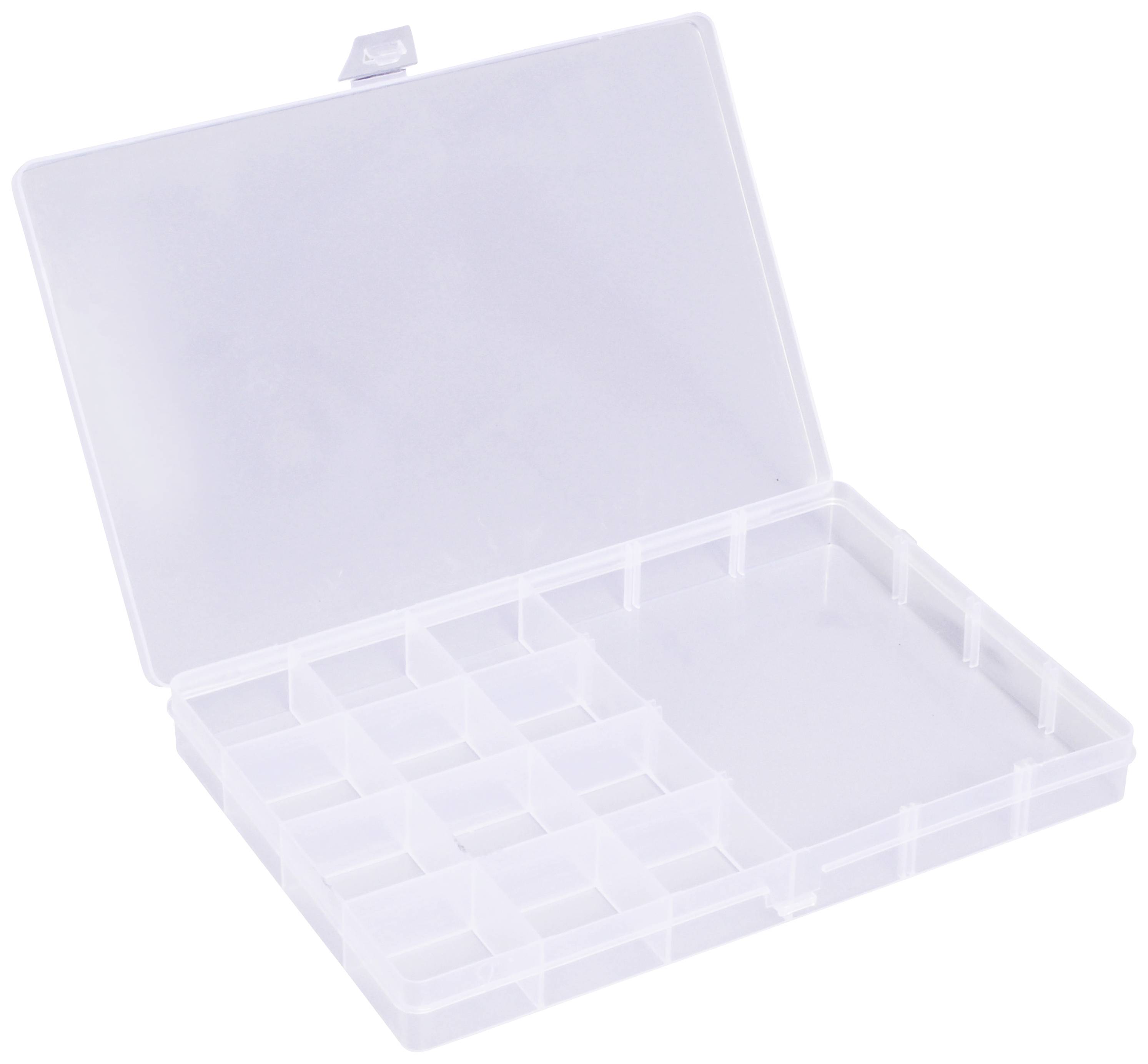 Plastový úložný box s 18 malými přihrádkami a jedním velkým oddílem, otevřený, určený pro ukládání drobných předmětů.