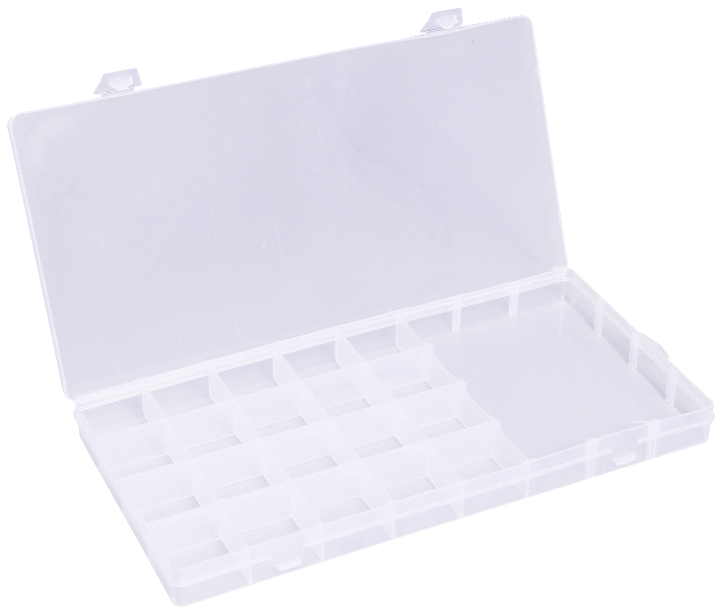 Průhledný, otevřený plastový box s 20 malými přihrádkami pro ukládání drobných předmětů.