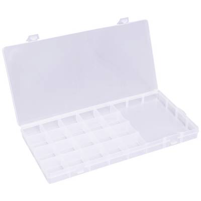 Průhledný, otevřený plastový box s 20 malými přihrádkami pro ukládání drobných předmětů.