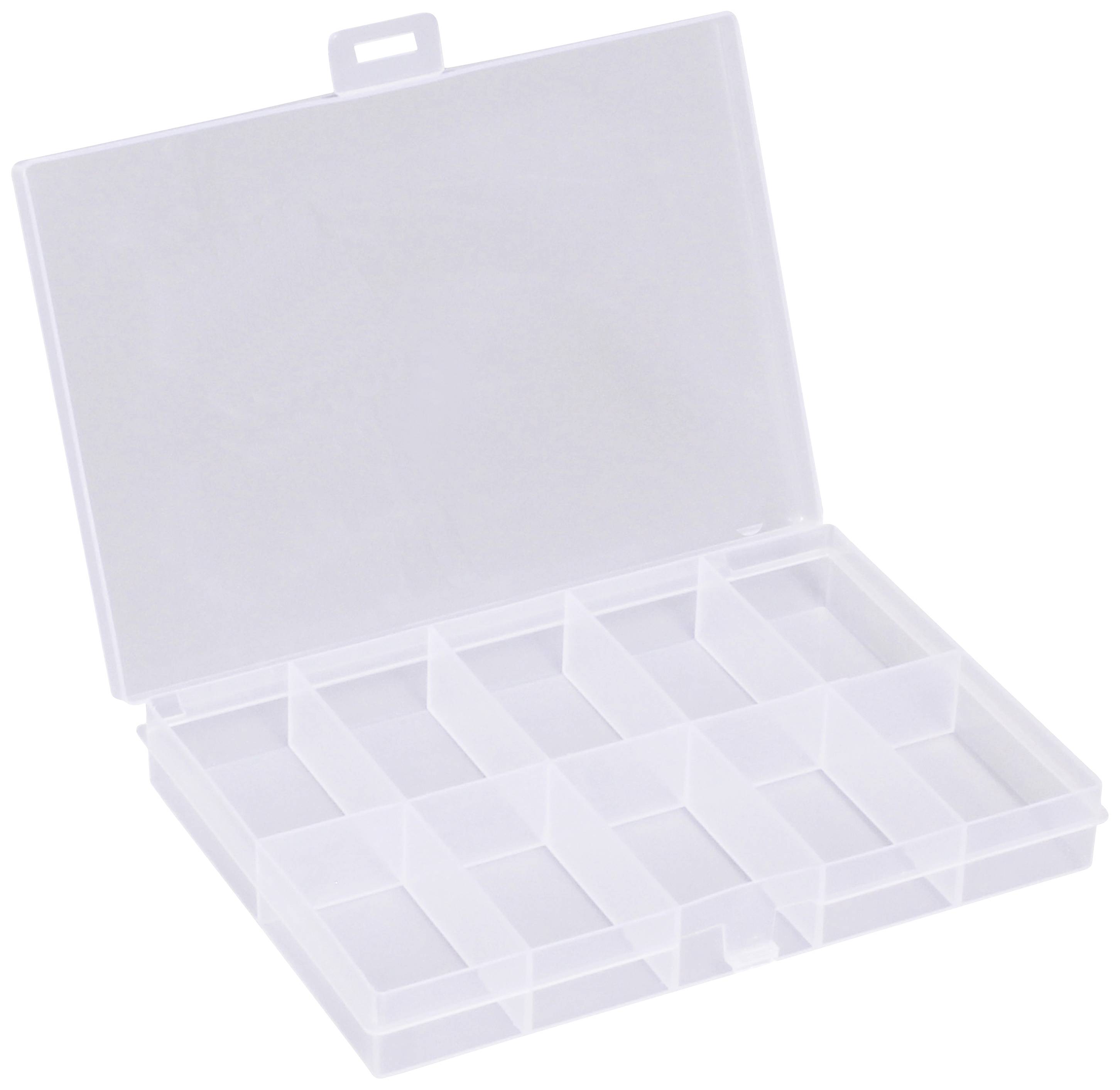 Průhledný úložný box s několika přihrádkami, jehož víko je otevřené. Hodí se k organizaci malých předmětů.