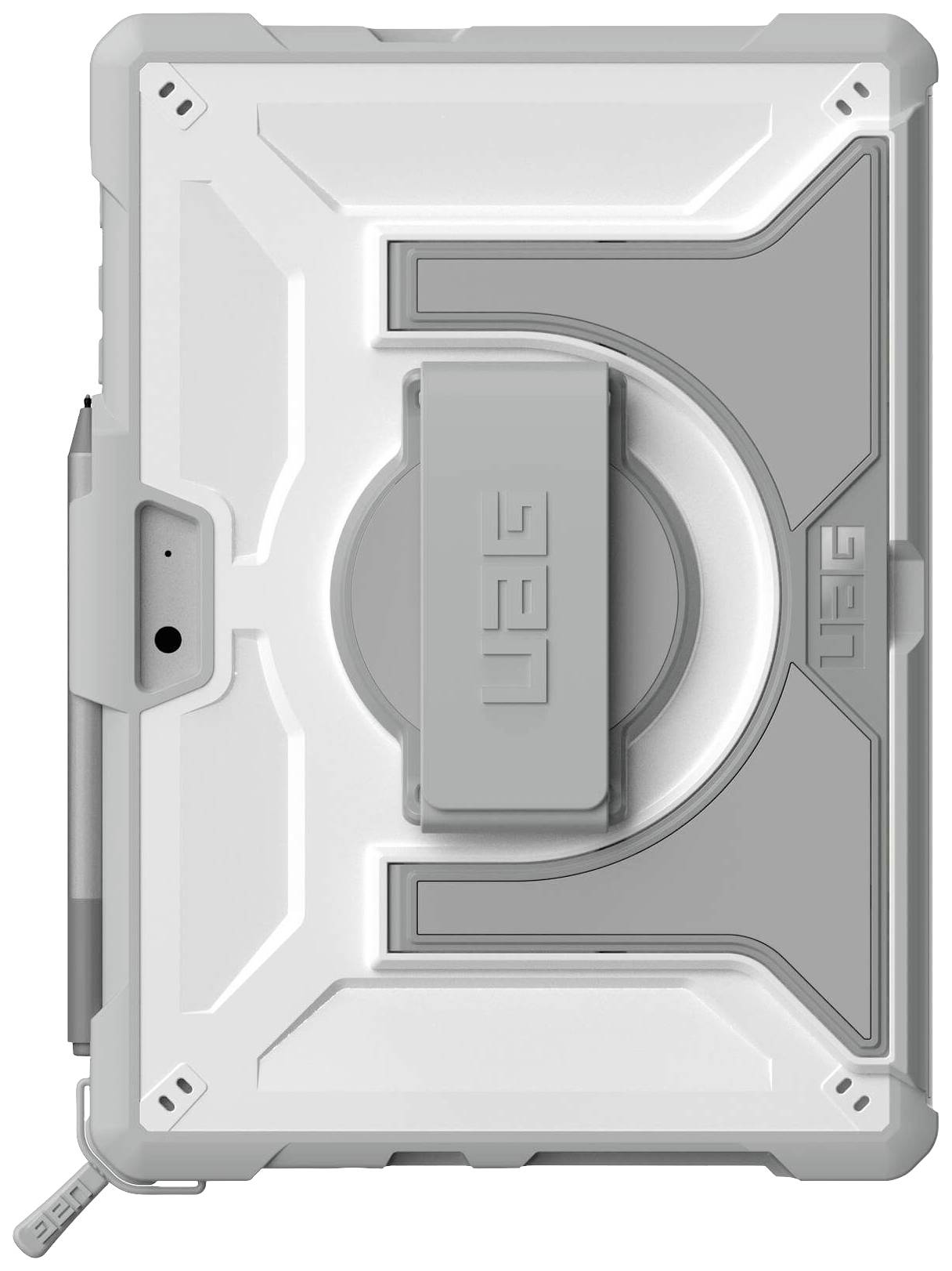 UAG ochranný kryt pro tablet v bílé a šedé barvě, robustní obal se stojánkem a držákem na pero, určený k ochraně a stabilizaci zařízení.