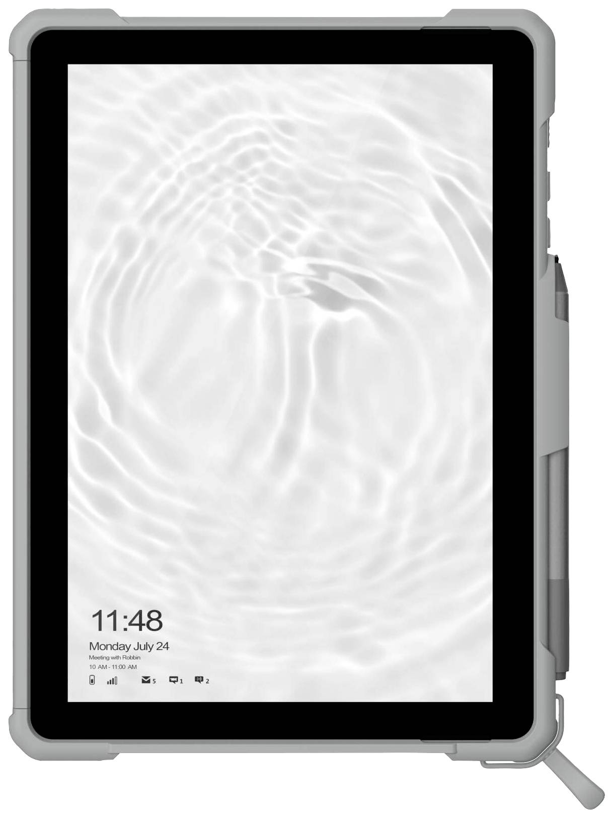 Tablet s šedým ochranným pouzdrem, obrazovka zobrazuje vlnovité vodní vzory, čas 11:48, datum pondělí 24. července.