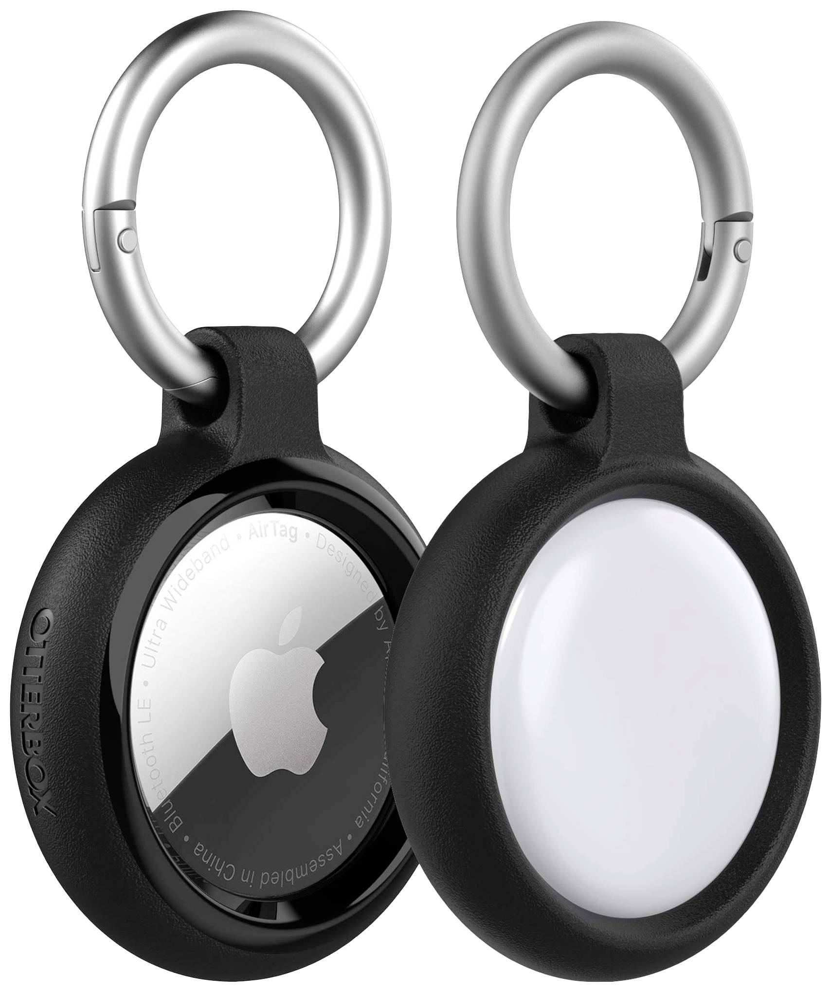 Dvě černé ochranné obaly na navigační zařízení, vybavené stříbrnými kroužky na klíče. Jeden obal zobrazuje logo Apple.