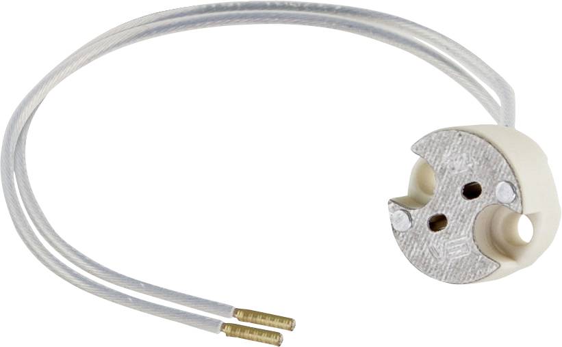 LED žárovka se zásuvkou s připojenými kovovými vodičovými svody a keramickým konektorem, izolováno na bílém pozadí.