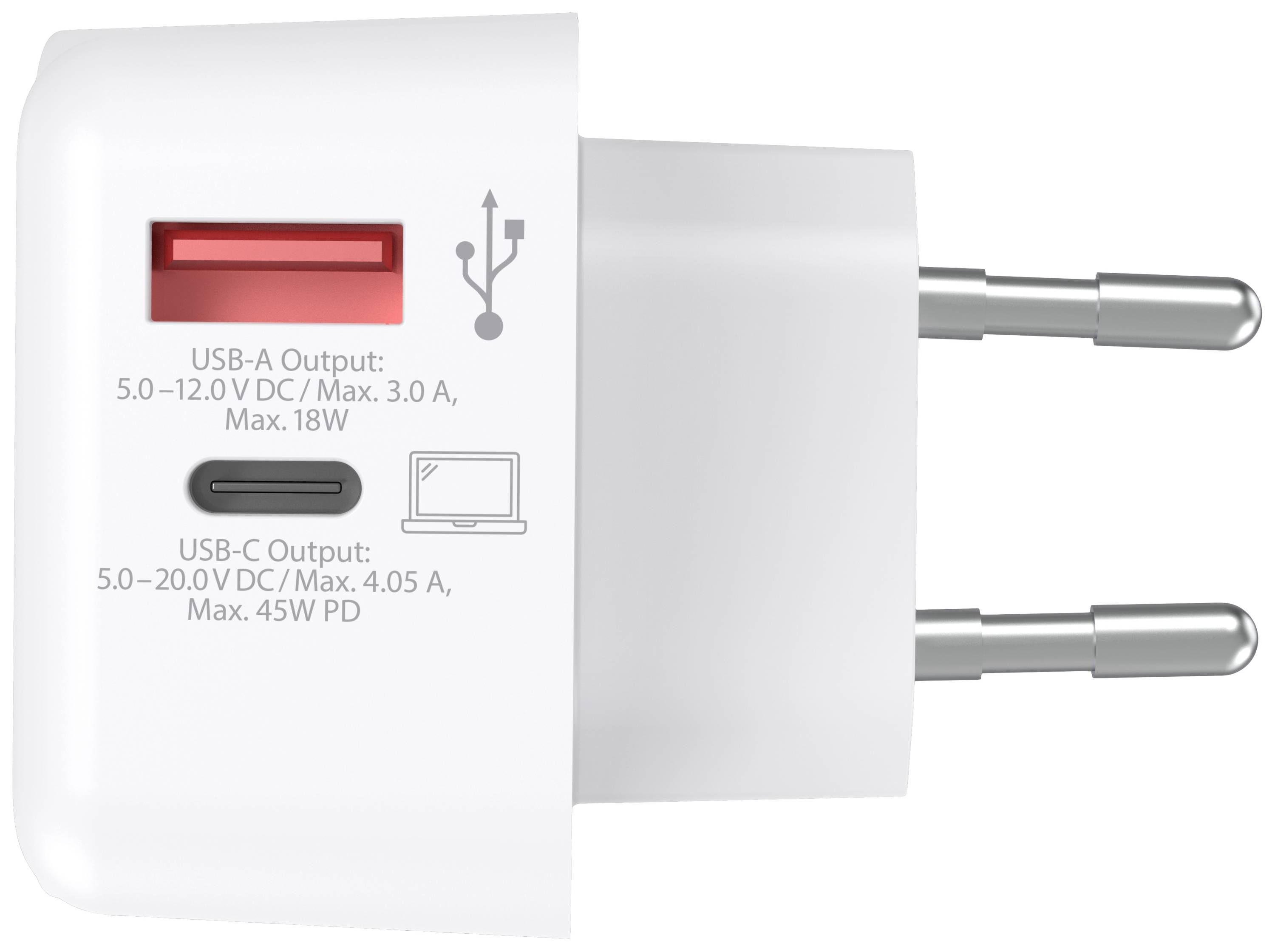 Bílá USB nabíječka se dvěma porty: červený USB-A a černý USB-C. USB-A: 5-12 V DC, 3 A, 18 W. USB-C: 5-20 V DC, 4,05 A, 45 W PD.