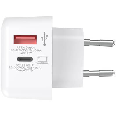 Bílá USB nabíječka se dvěma porty: červený USB-A a černý USB-C. USB-A: 5-12 V DC, 3 A, 18 W. USB-C: 5-20 V DC, 4,05 A, 45 W PD.