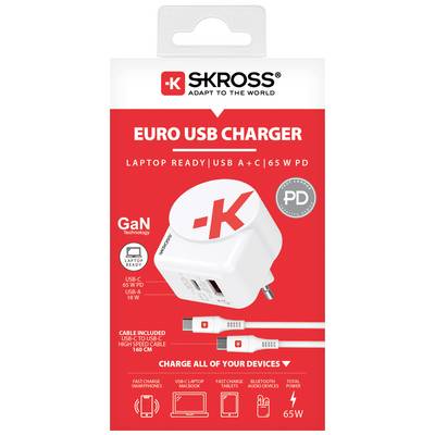 Evropská USB nabíječka od SKROSS, vhodná pro laptopy. USB A+C porty, 65W výkon. Obsahuje USB-C kabel.