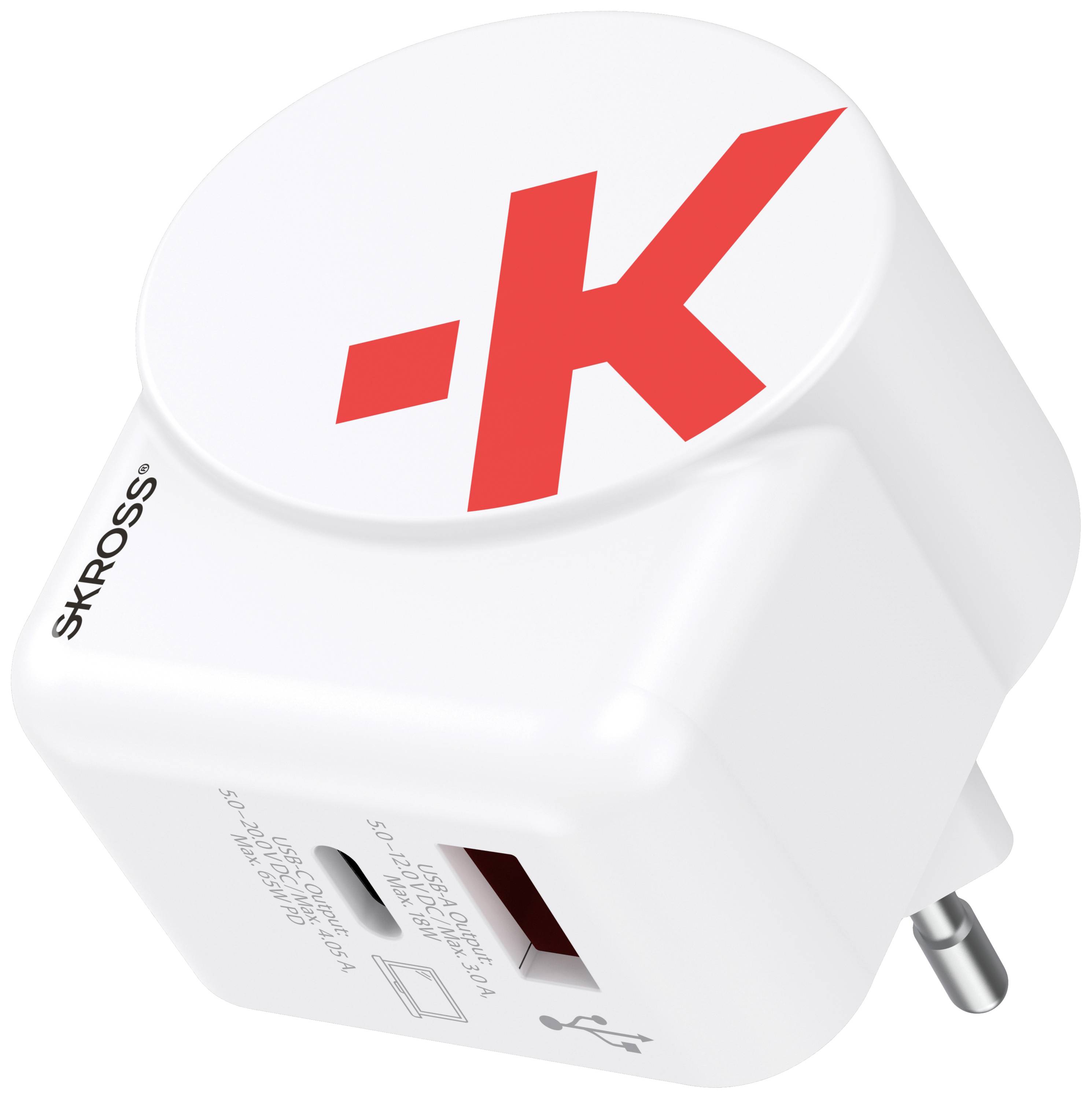 Cestovní adaptér se dvěma USB porty a jednou zásuvkou typu T, vhodný pro evropské elektrické zásuvky. Bílý s červeným logem 'K'.