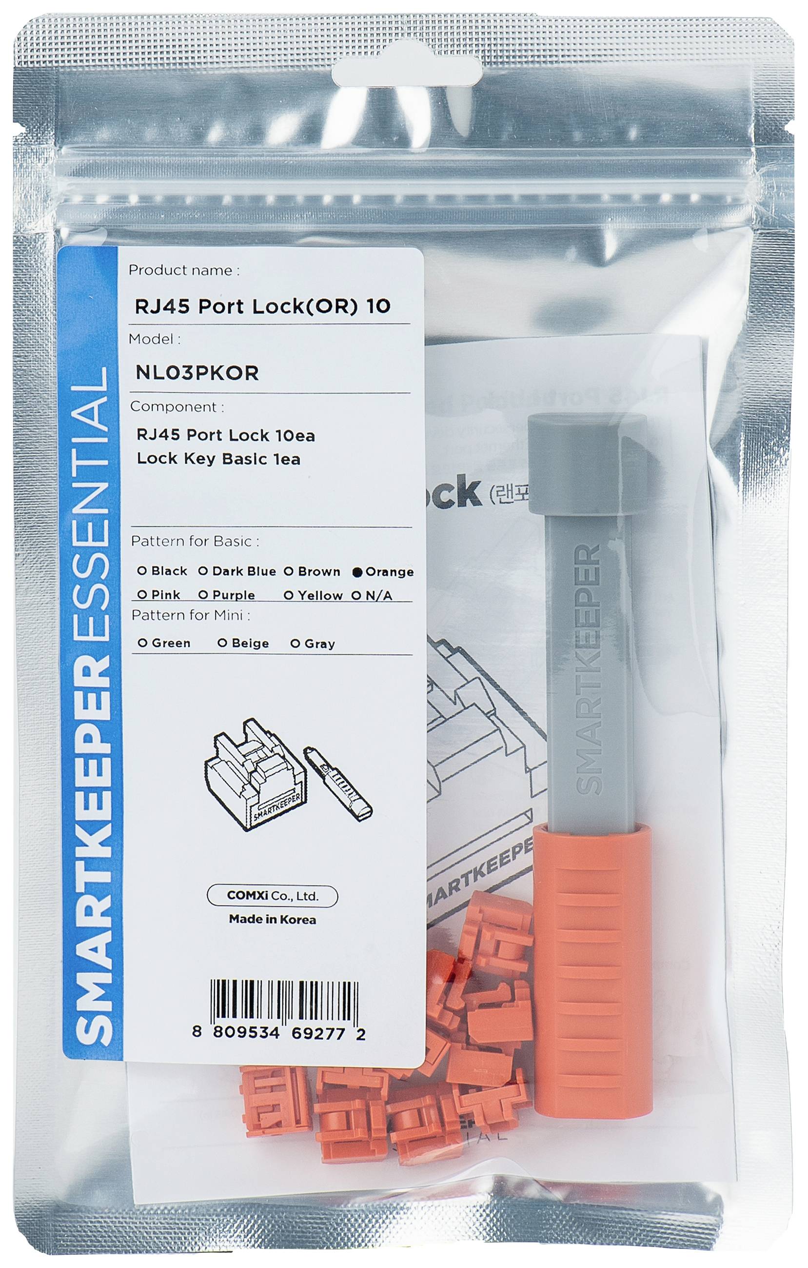 Port zámek RJ45 v balení s oranžovými plastovými zámky a klíčem, označený produktovými detaily, značkou a číslem modelu.
