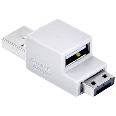 Šedý USB uzávěr s nápisem 'Smart Keeper', který blokuje přípojky, aby zabránil neoprávněnému přístupu.