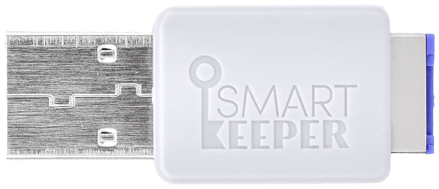 USB zařízení s bílým krytem, na němž je nápis 'Smart Keeper', symbolizuje ochranu a zabezpečení dat na USB discích.
