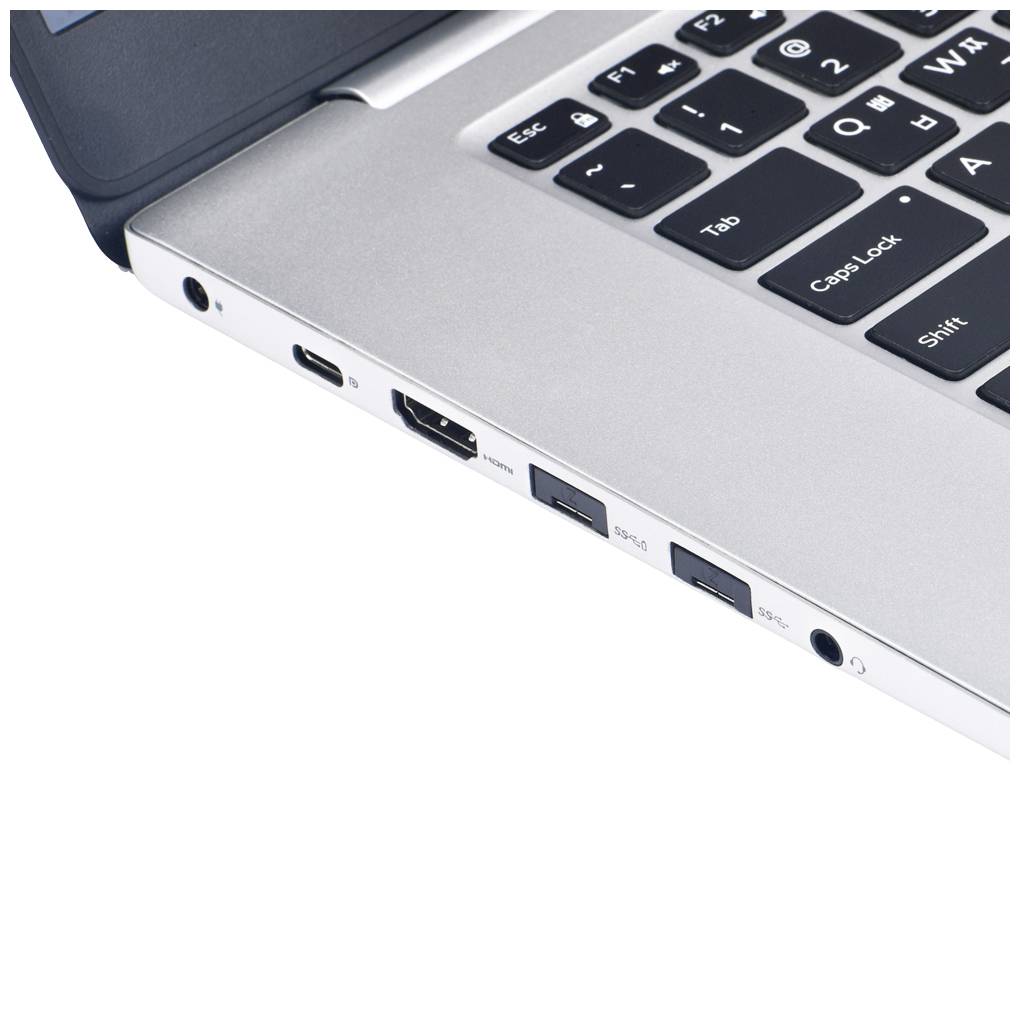 Klávesnice a porty notebooku zblízka, včetně USB a HDMI portů na levé straně.