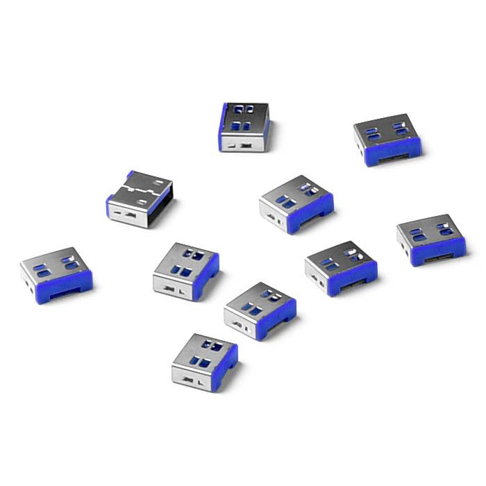 Několik modrých USB portů umístěných v různých úhlech na bílém pozadí.