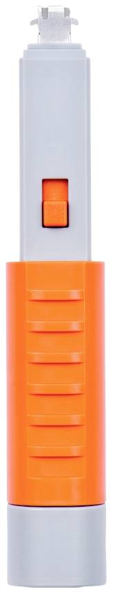 Oranžovo-šedý elektrický zastřihovač vousů s červeným spínačem, vertikálně orientovaný, určený pro úpravu obličejových chloupků.