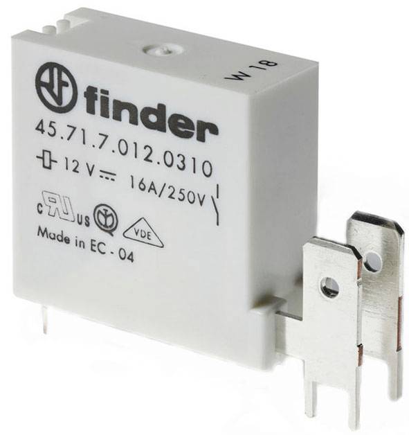 Bílé relé od výrobce Finder s označením '45.71.7.012.0310', specifikované na 12V, 16A/250V. Elektrické svorky jsou viditelné.