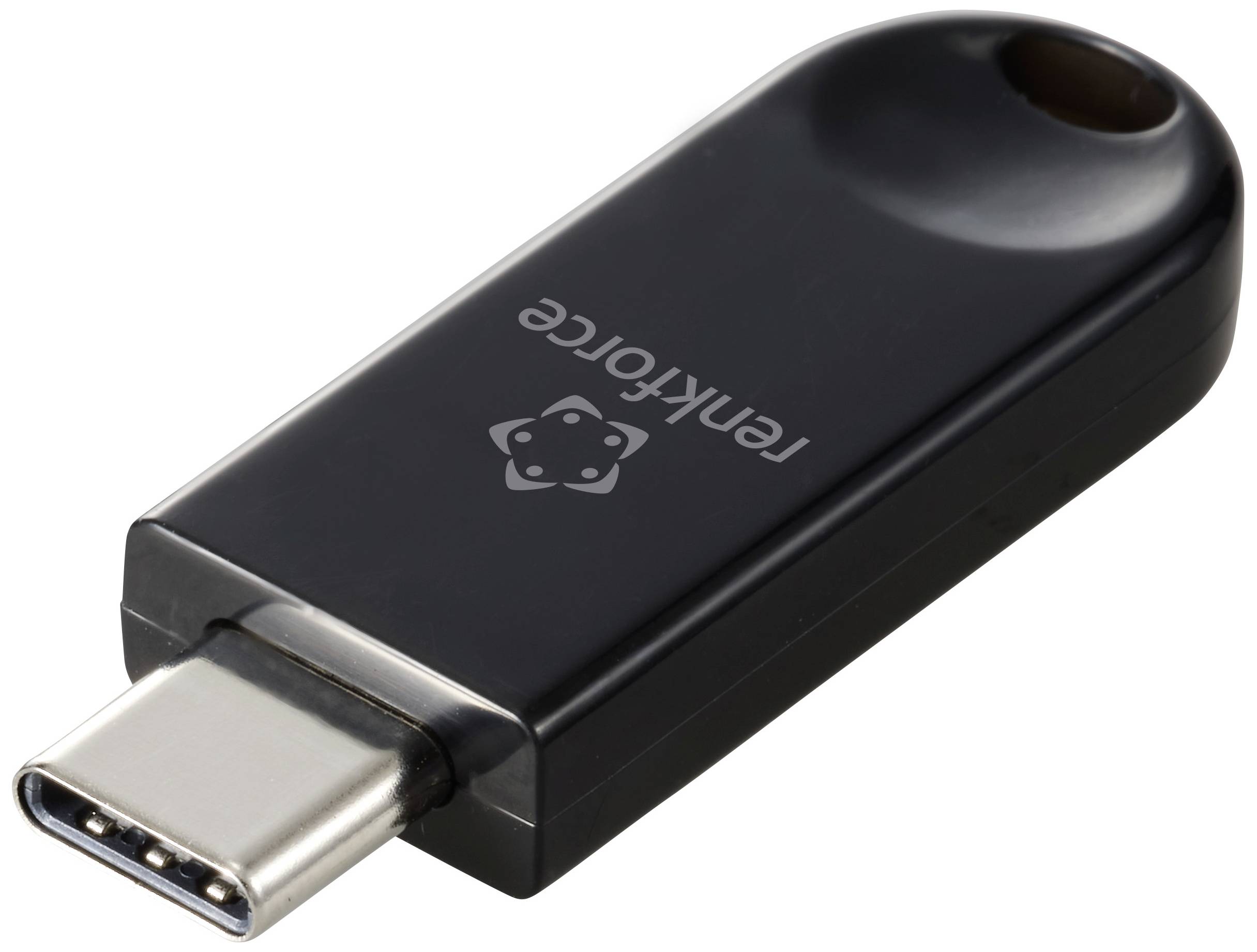 Černý USB-C flash disk s logem a nápisem 'rentforce'.