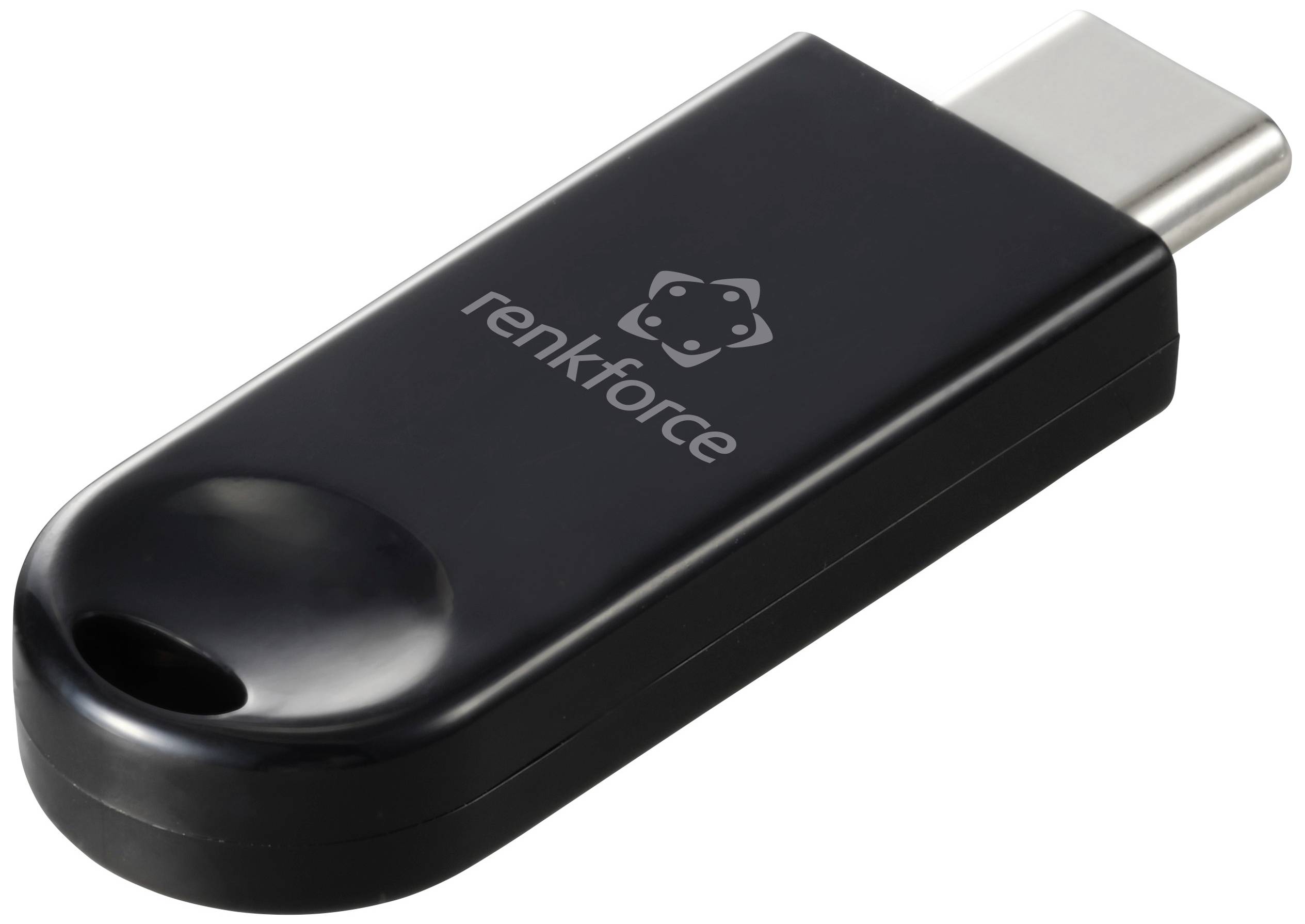 Černý USB flash disk s nápisem 'renkforce'. Flash disk má zaoblený konec a konektor USB-C.