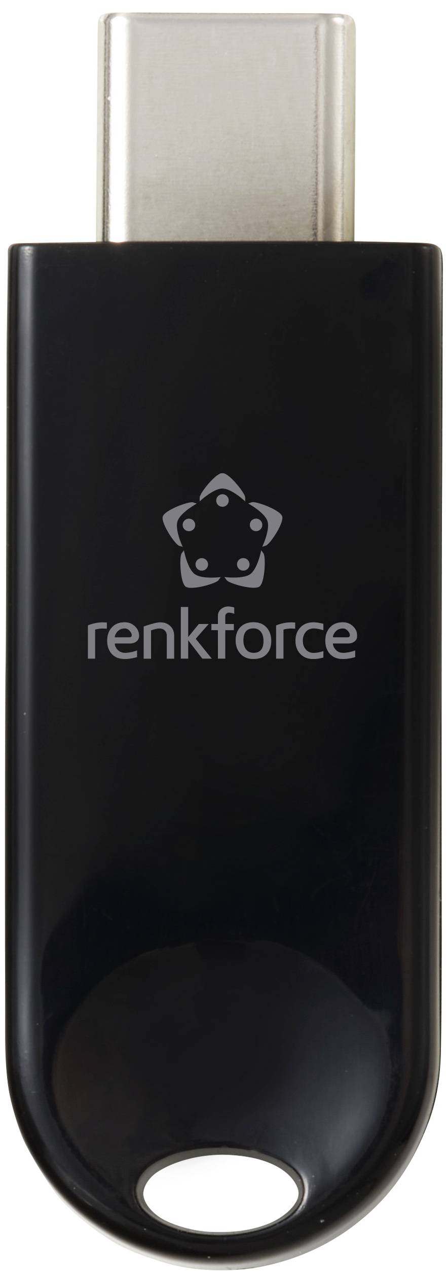 USB flash disk s černým tělem a stříbrným konektorem, označený štítkem 'renkforce'.