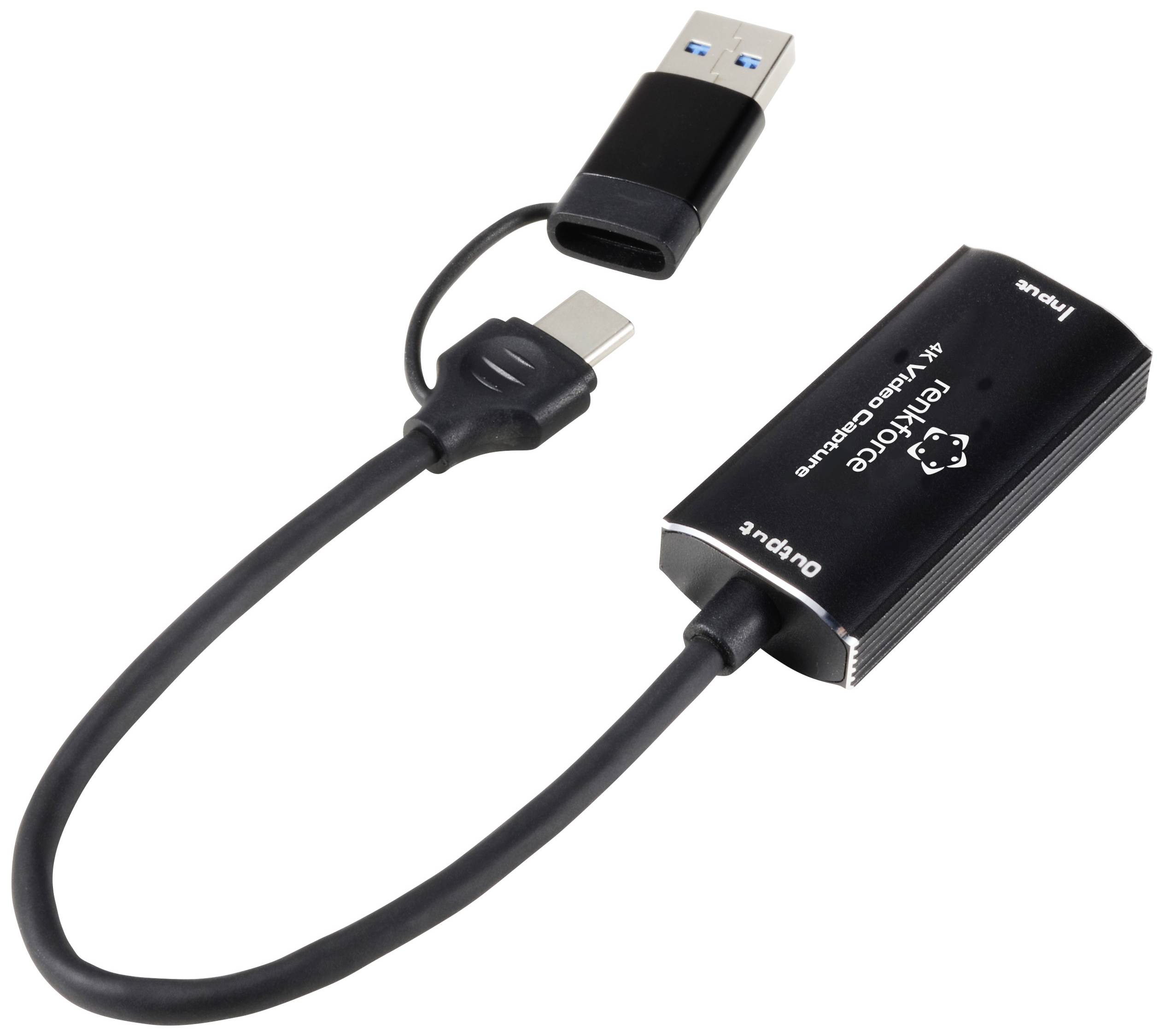Externí USB zvuková karta s více vstupy pro mikrofon a audio, s USB konektorem a odpojitelným kabelem.