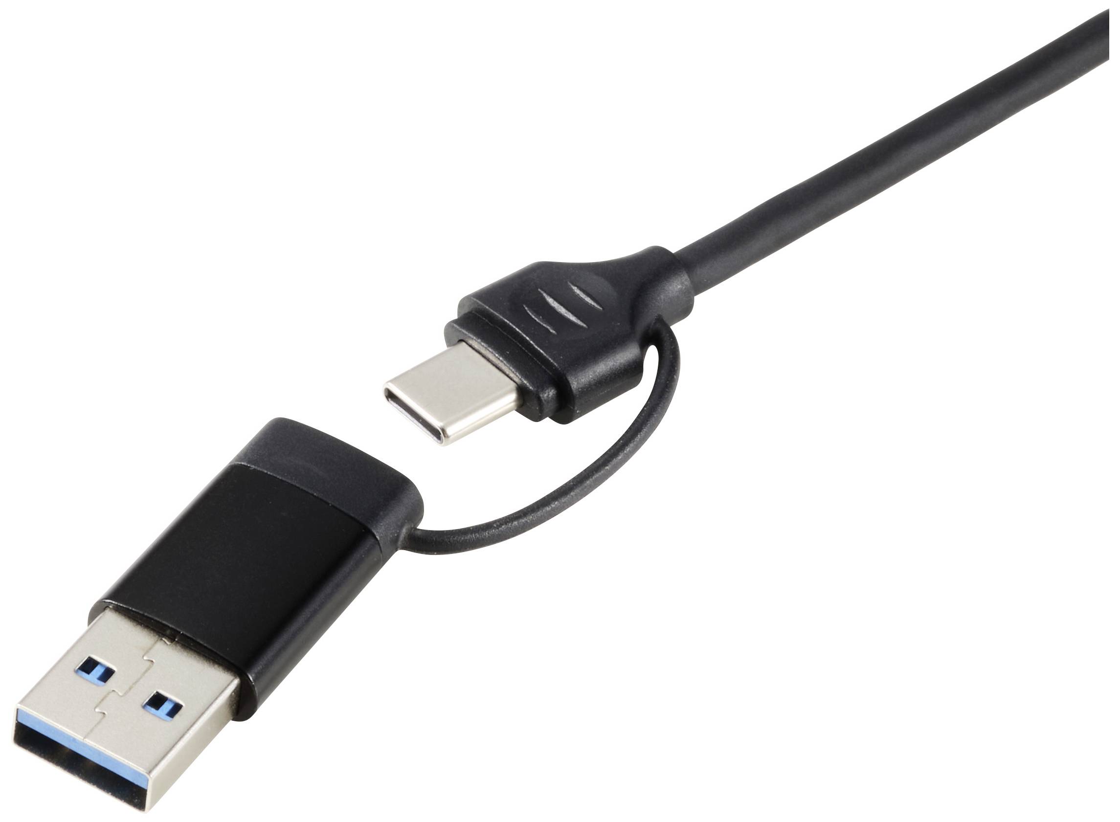 Černý adaptérový kabel z USB-A na USB-C, ukazující oba koncové konektory.