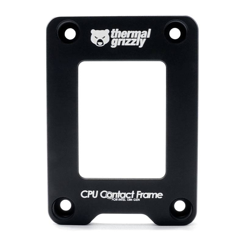 Černý rám CPU od Thermal Grizzly, obdélníkového tvaru se čtyřmi otvory v rozích, s nápisem "CPU Contact Frame for Intel 13th Gen".