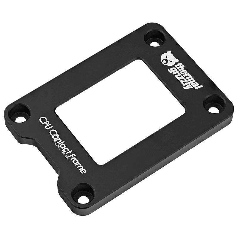 Černý obdélníkový kontaktní rám CPU od Thermal Grizzly se čtyřmi upevňovacími otvory v rozích a nápisem na povrchu.