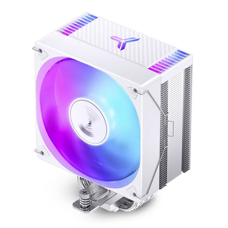 Bílý stříbrný chladič CPU s vestavěným ventilátorem, který svítí v barvách duhového spektra.