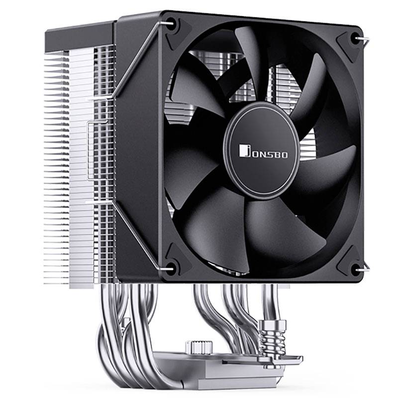 Velký CPU chladič s černým ventilátorem, stříbrnými žebry a čtyřmi tepelnými trubkami. Navržen pro efektivní odvod tepla.