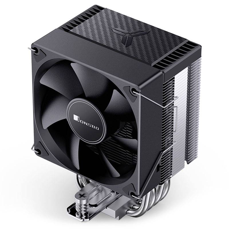Černý chladič CPU s velkým ventilátorem a stříbrnými chladicími žebry, vhodný pro odvod tepla v počítačích.