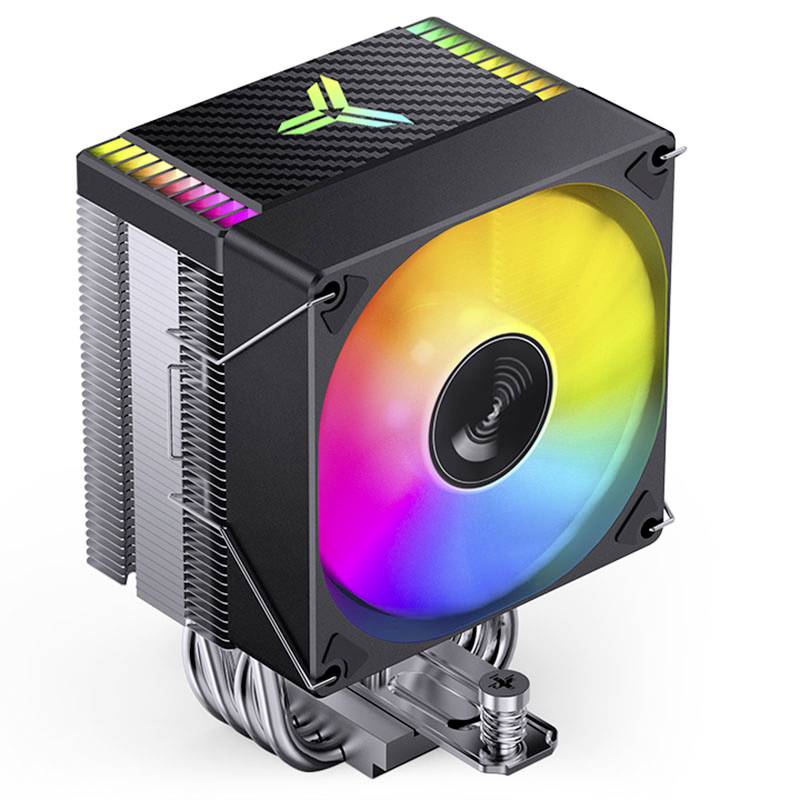 Černý CPU chladič s velkým kulatým RGB ventilátorem uprostřed. Má kovové žebrování pro chlazení a moderní design.