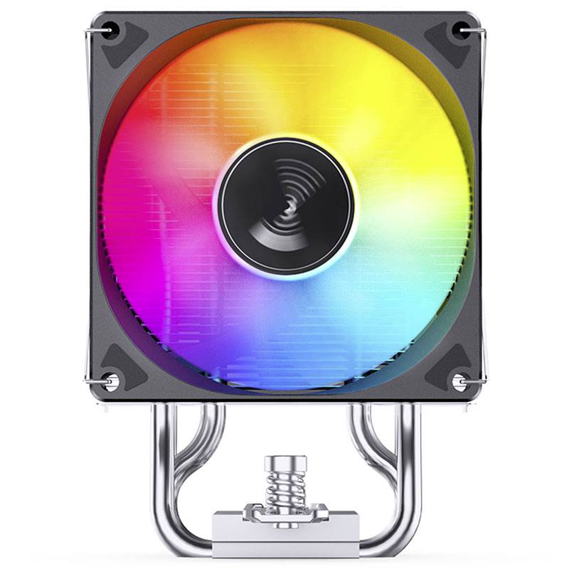 Chladič CPU s osvětleným, barevným ventilátorem. Světlo je v barvách duhy. Kovové trubky jsou viditelné dole.