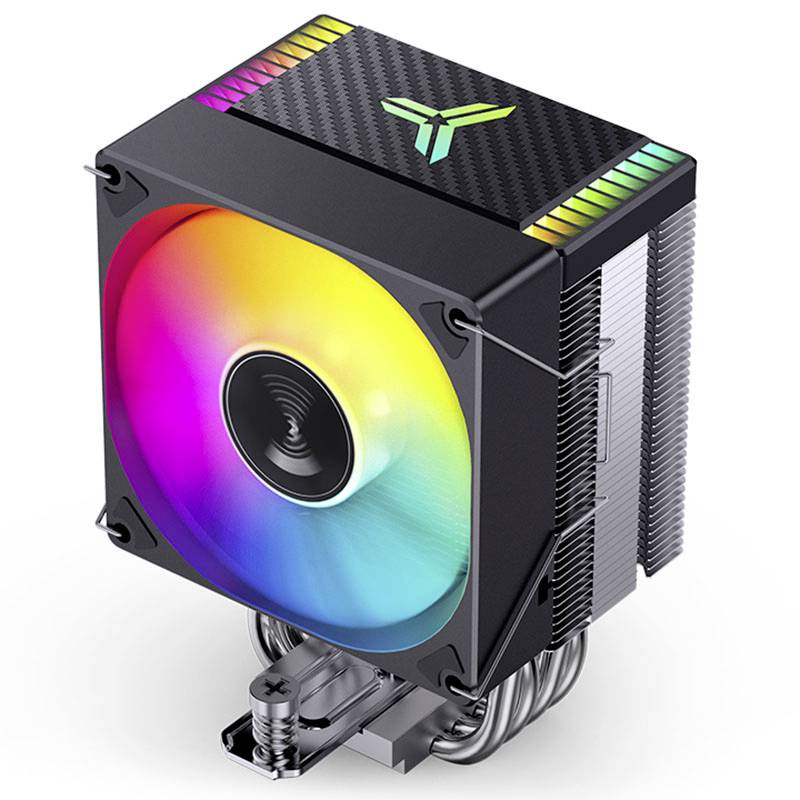Chladič CPU s osvětleným ventilátorem v duhových barvách a černě-stříbrným krytem, který vytváří výraznou barevnou hru.