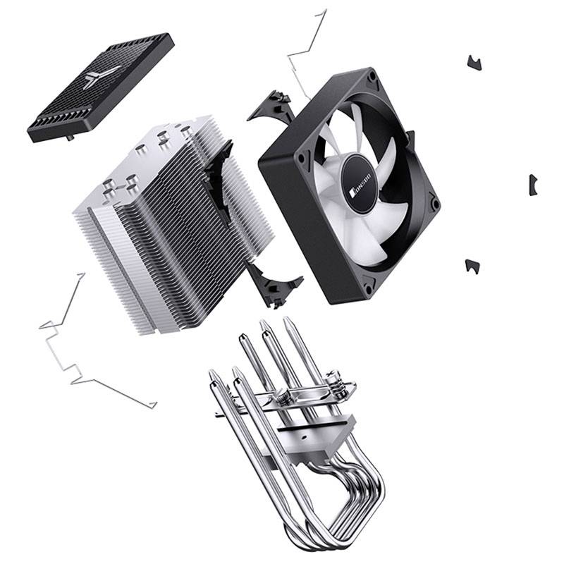 Chladicí sada s ventilátorem, chladičem a tepelnými trubicemi zobrazená v jednotlivých komponentách ukazuje všechny díly chladicího mechanismu pro procesor PC.