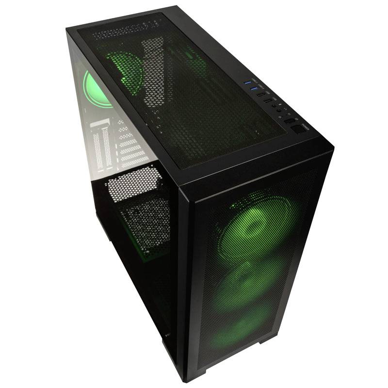 Černá PC skříň se dvěma zelenými LED ventilátory vpředu a jedním nahoře. Viditelná větraná boční stěna a konektory umístěné nahoře.