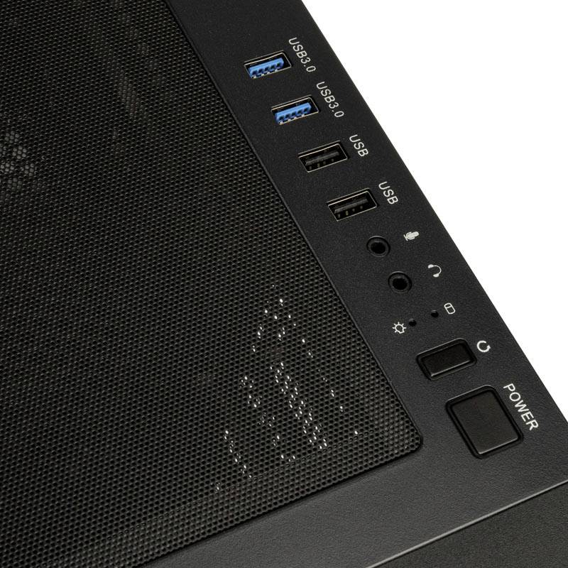 Horní strana počítačové skříně s USB porty, audio konektory a tlačítkem napájení.