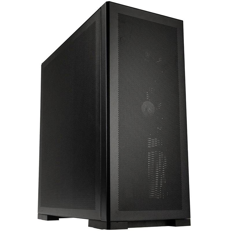 Černá počítačová skříň s mřížovaným předním panelem, vhodná pro výkonné PC sestavy, nabízí optimální větrání a moderní design.