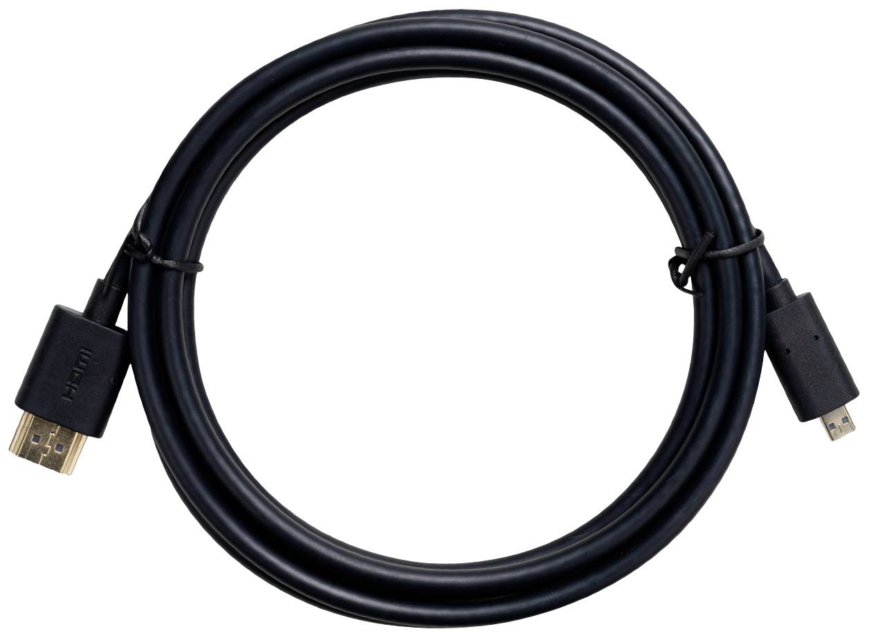 Černý HDMI kabel položený do kruhu ukazuje standardní HDMI konektor na jedné straně a mikro HDMI konektor na straně druhé.