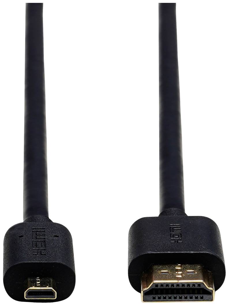 Černý HDMI kabel se standardním HDMI konektorem vpravo a micro-HDMI konektorem vlevo na bílém pozadí.