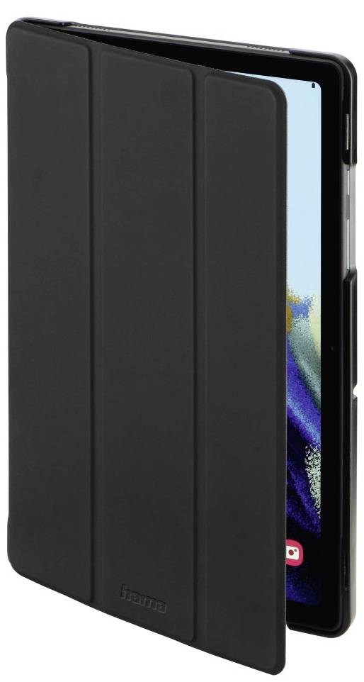 Černý tablet s uzavřeným designem obalu. Displej jemně prosvítá skrz okraje otevřené části na přední straně obalu.