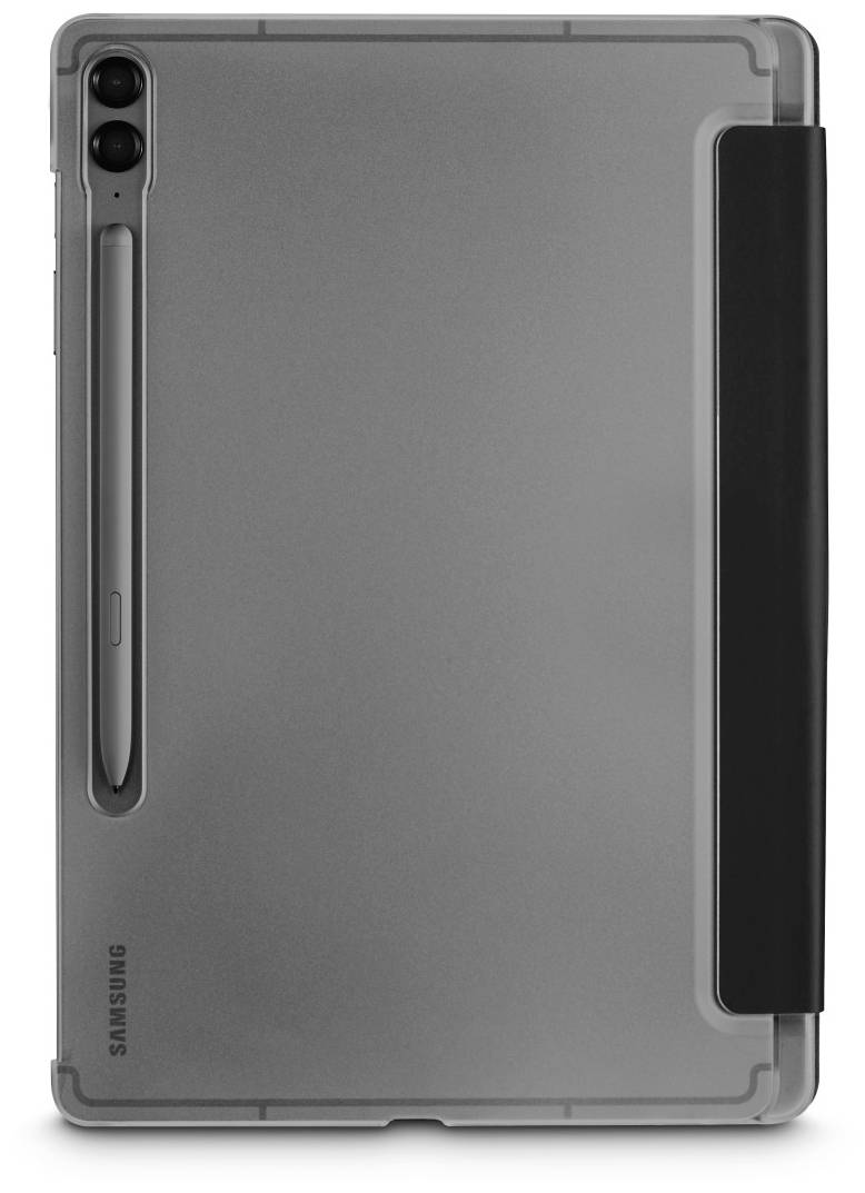 Pohled zezadu na tablet Samsung s černým ochranným pouzdrem a integrovaným držákem pera vlevo.