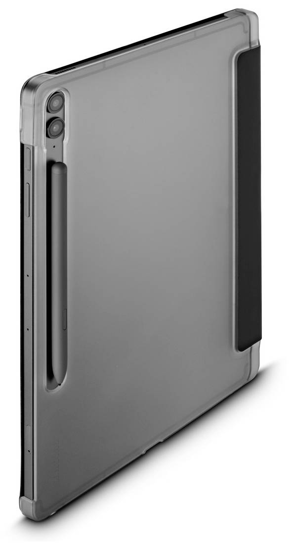 Tablet v šedém pouzdře s držákem na pero na zadní straně, vertikálně postavené, ukazuje štíhlou konstrukci.