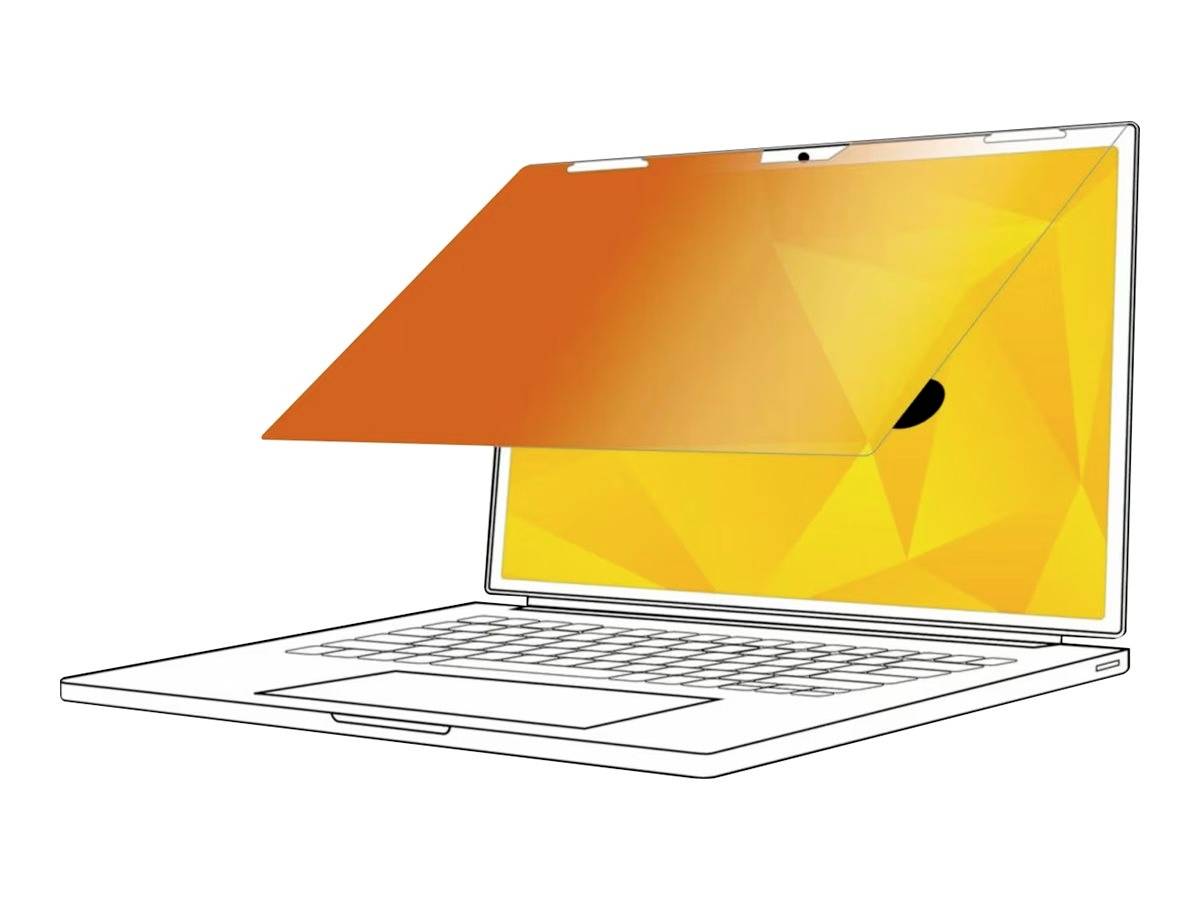 Notebook s oranžovo-žlutým filtrem soukromí, který zakrývá obrazovku a umožňuje nerušené zobrazení při jasném světle.