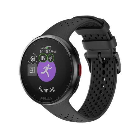 Černé sportovní hodinky s kulatým ciferníkem; zobrazuje symboly, čas, datum a stav baterie. Hlavní symbol: běžec s textem 'Running'.