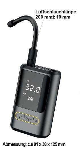 Přenosný vzduchový kompresor s digitálním displejem zobrazuje '32,0' PSI. Délka vzduchové hadice: 200 mm ± 10 mm. Rozměry: cca 81 x 38 x 125 mm.