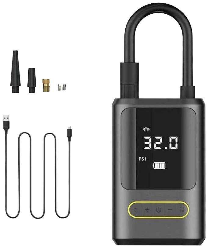 Přenosná elektrická sada na huštění pneumatik s digitálním displejem do 32 PSI, USB kabelem a různými nástavci. Ideální pro automobilové a cyklistické pneumatiky.