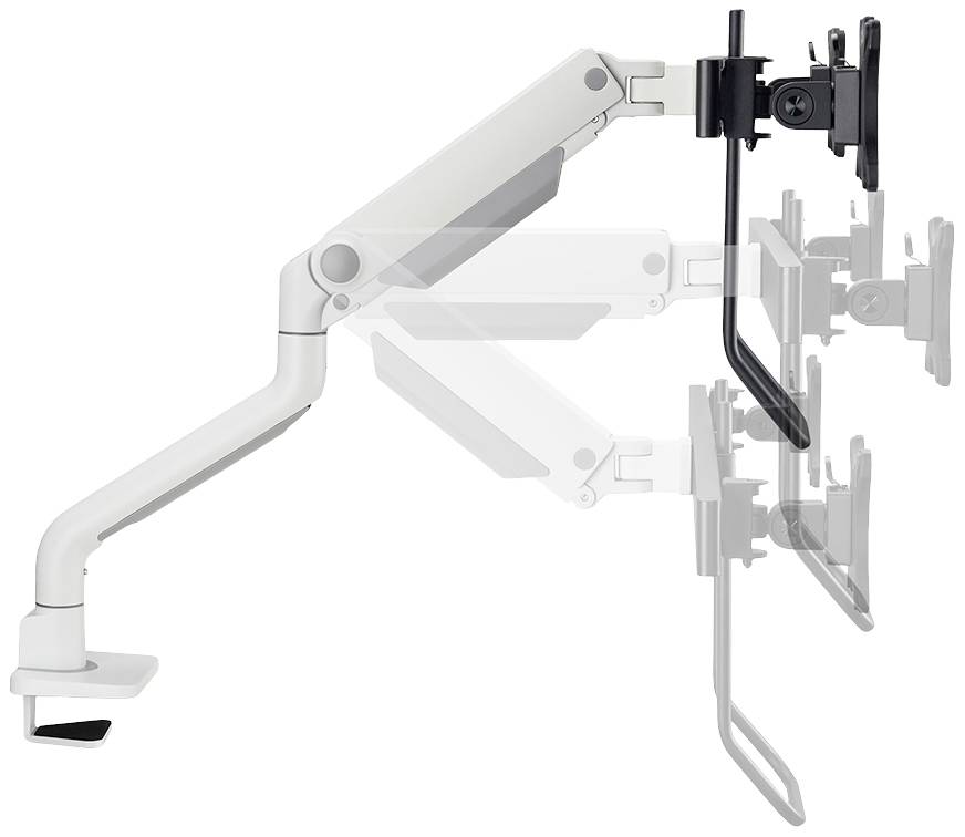 Nastavitelné rameno monitoru s různými polohami ukazuje flexibilitu a volnost pohybu pro ergonomické přizpůsobení pracovního místa.
